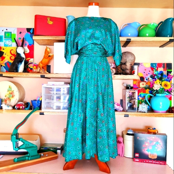VNTG 80s ACT I Secretary Dress Blouson Emerald Green Gorgeous & Lightweight 7/8 - Picture 1 of 10